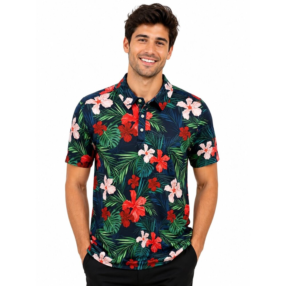 Yatta Golf Polo Shirt Mens Large Tropical Floral Hibiscus Jungle Performance NEW